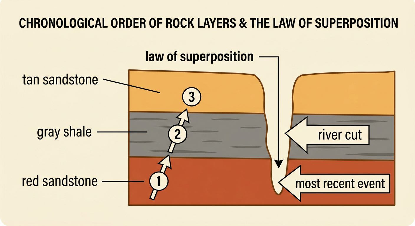 A canyon wall shows three horizontal rock layers crossed by a later river cut.