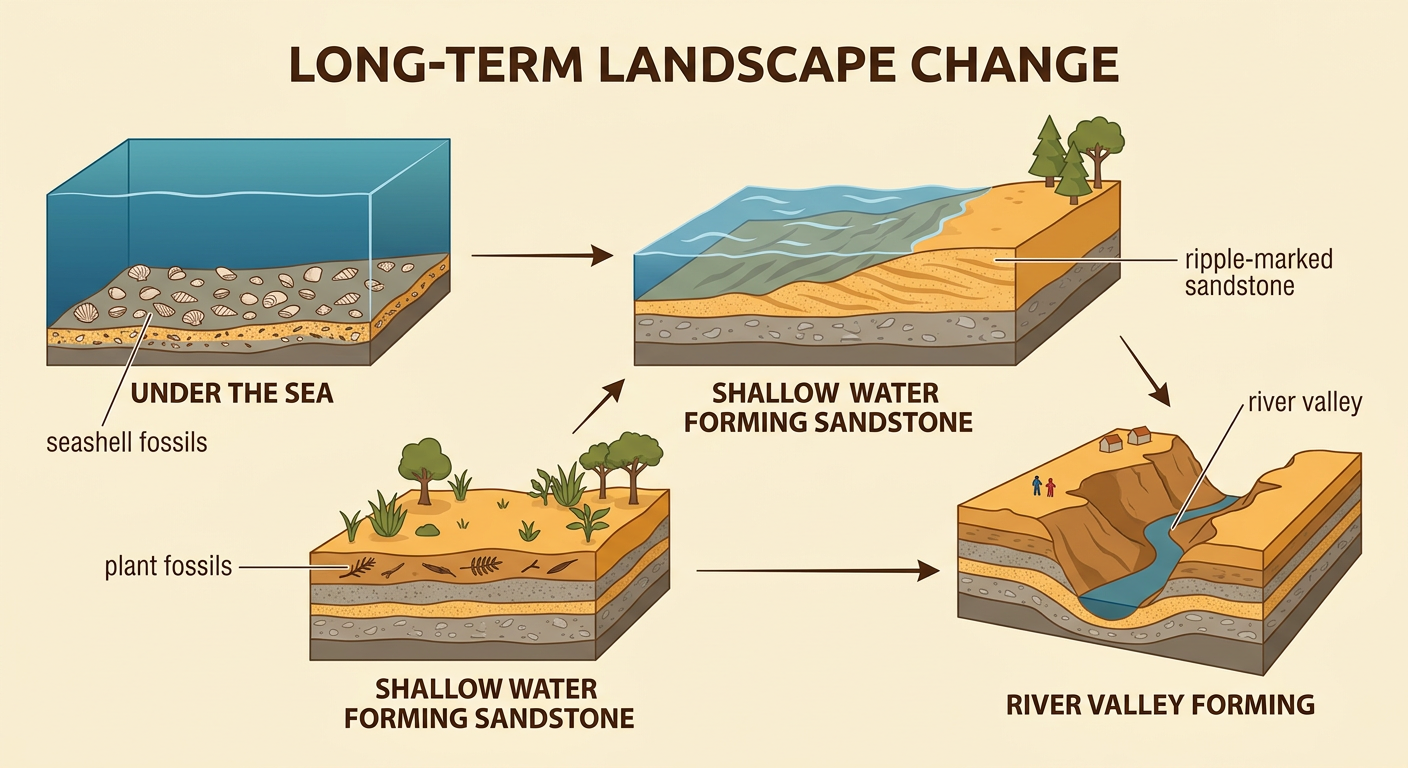 A cliff timeline shows sea fossils below ripple-marked sandstone and plant fossils, with a river valley cutting through every layer.