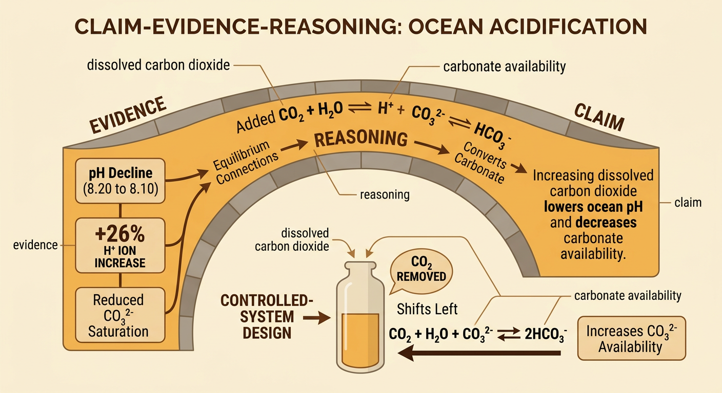 A claim-evidence-reasoning organizer links rising dissolved carbon dioxide to lower pH and reduced carbonate availability.