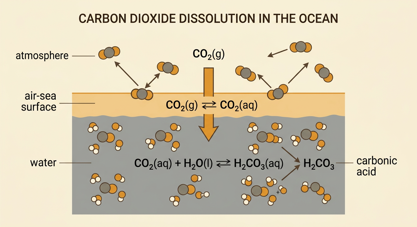 Carbon dioxide molecules cross the ocean surface, dissolve among water molecules, and form a small amount of carbonic acid.