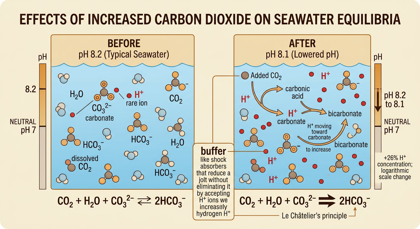 Added carbon dioxide produces hydrogen ions that convert carbonate into bicarbonate while buffered seawater drops from pH 8.2 to 8.1.