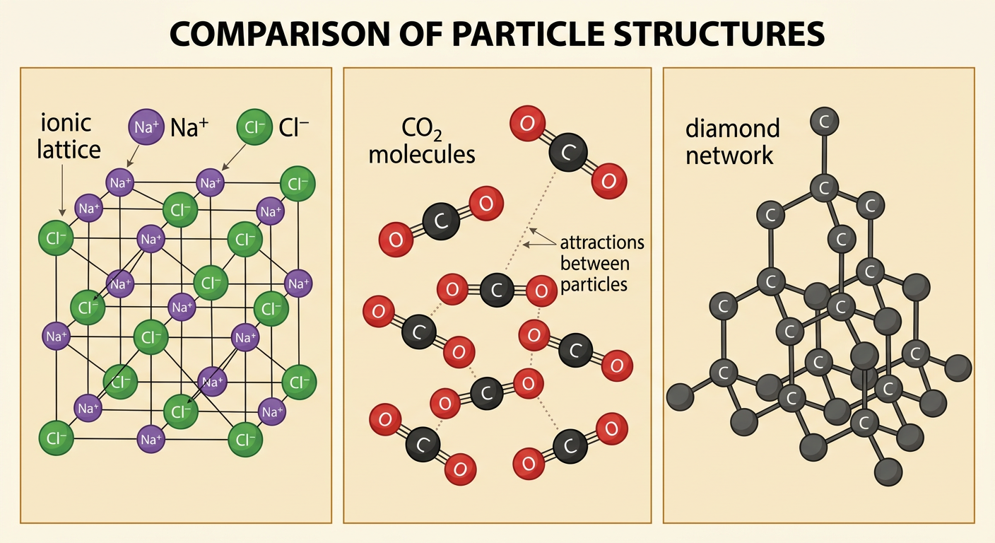 Three side-by-side particle models compare sodium chloride, solid carbon dioxide, and diamond.