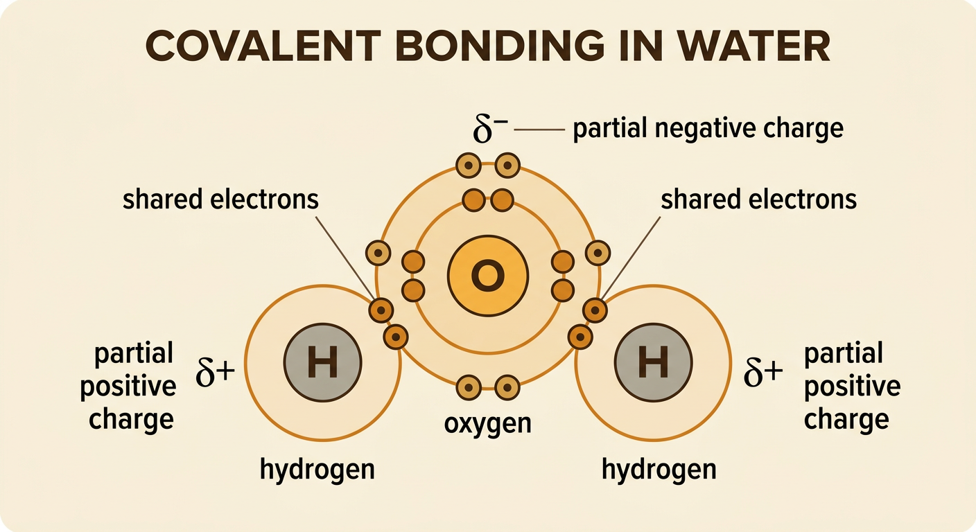 A water molecule shows two polar covalent bonds and shared electron pairs pulled closer to oxygen.