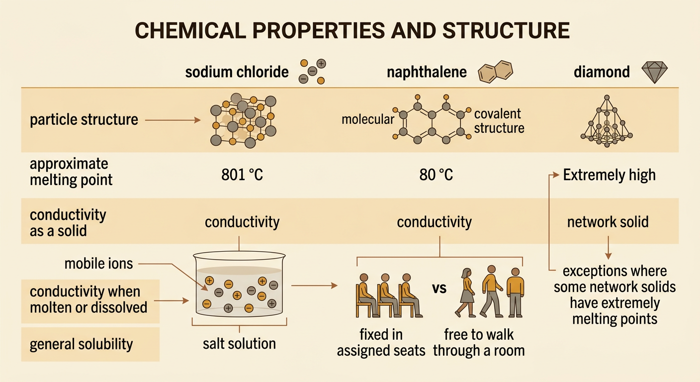 A property comparison shows solid salt, salt solution with moving ions, and nonconducting naphthalene.