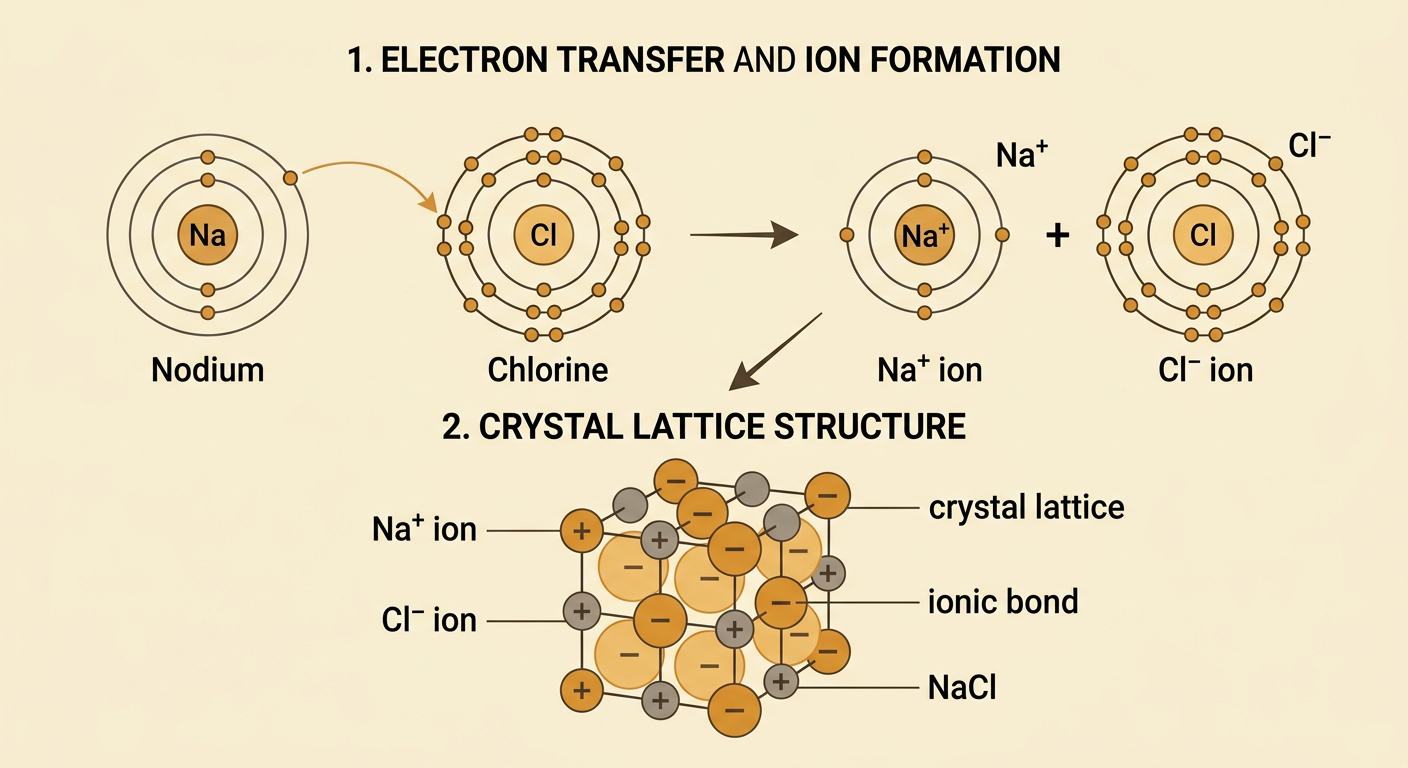 A sodium atom transfers an electron to chlorine, producing oppositely charged ions in a repeating crystal lattice.
