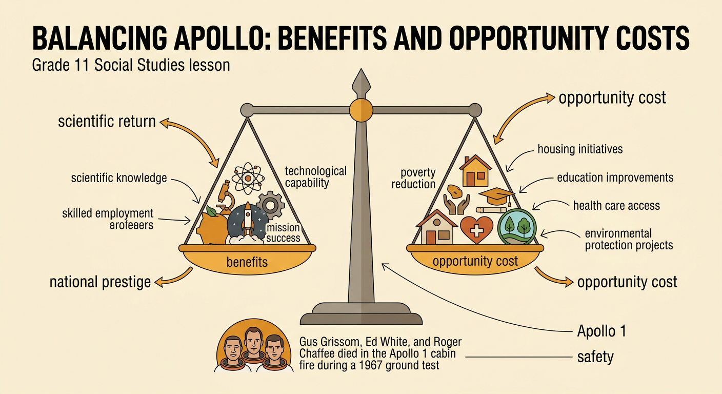 A balance scale compares Apollo's scientific and political benefits with spending, alternative priorities, and the Apollo 1 loss.
