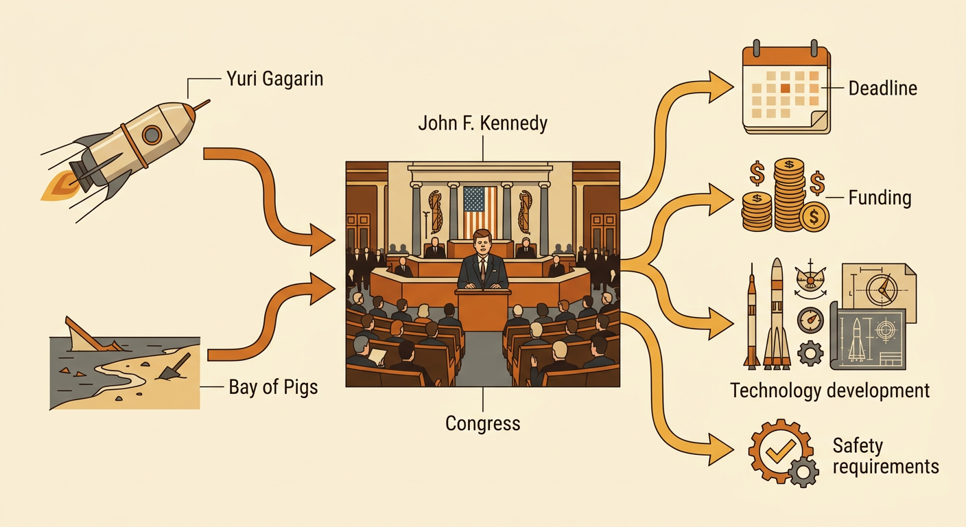 Kennedy addresses Congress while a timeline connects Yuri Gagarin's flight to the American Moon goal.