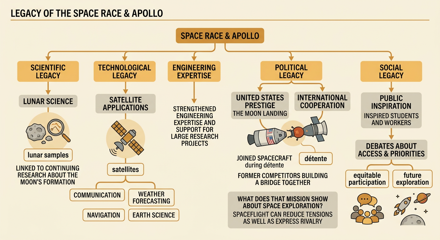 Lunar samples, working satellites, and the docked Apollo-Soyuz spacecraft illustrate the Space Race's scientific and political legacy.