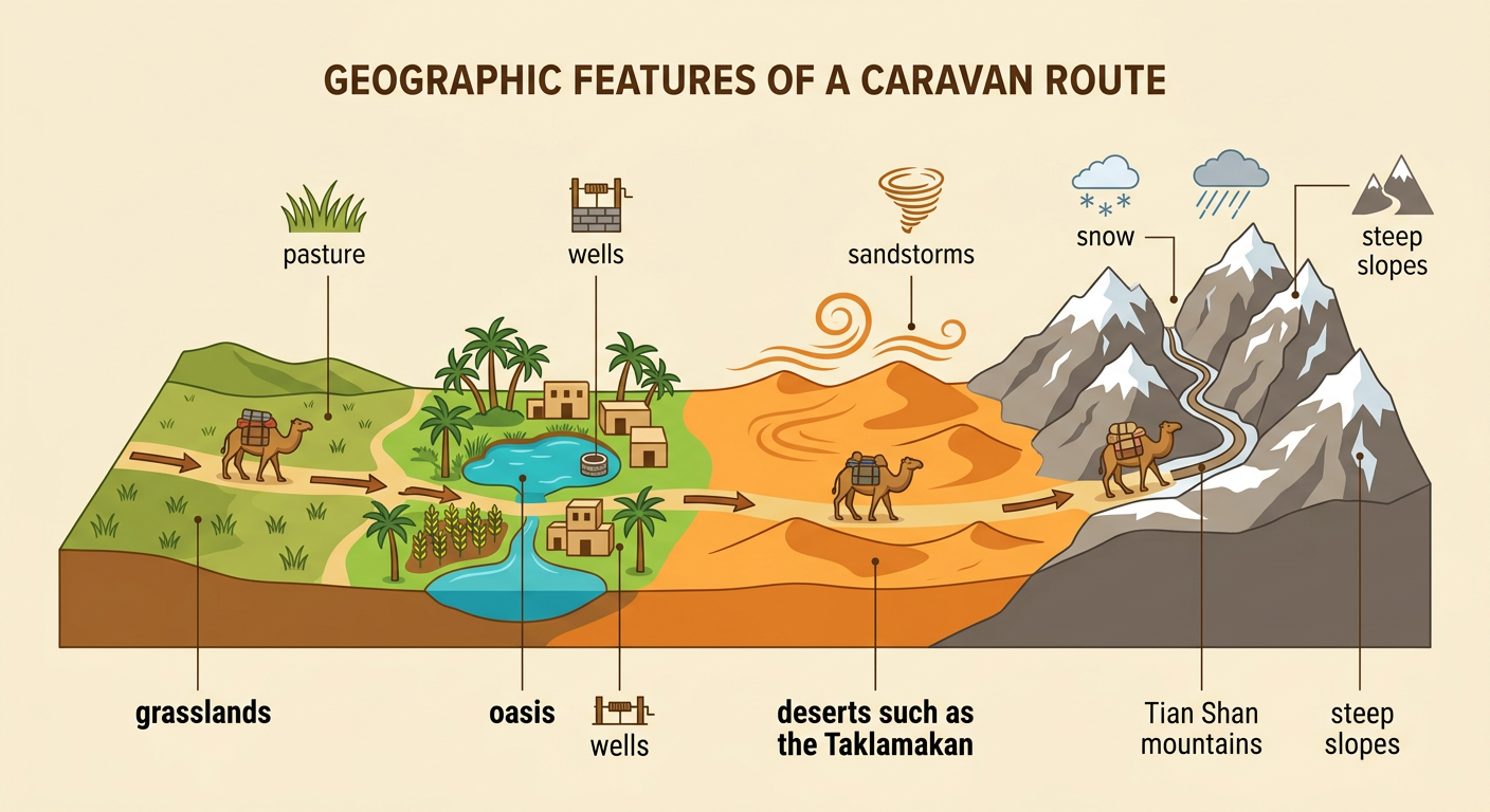 A caravan with Bactrian camels moves between grasslands, a desert oasis, and snowy mountain passes.