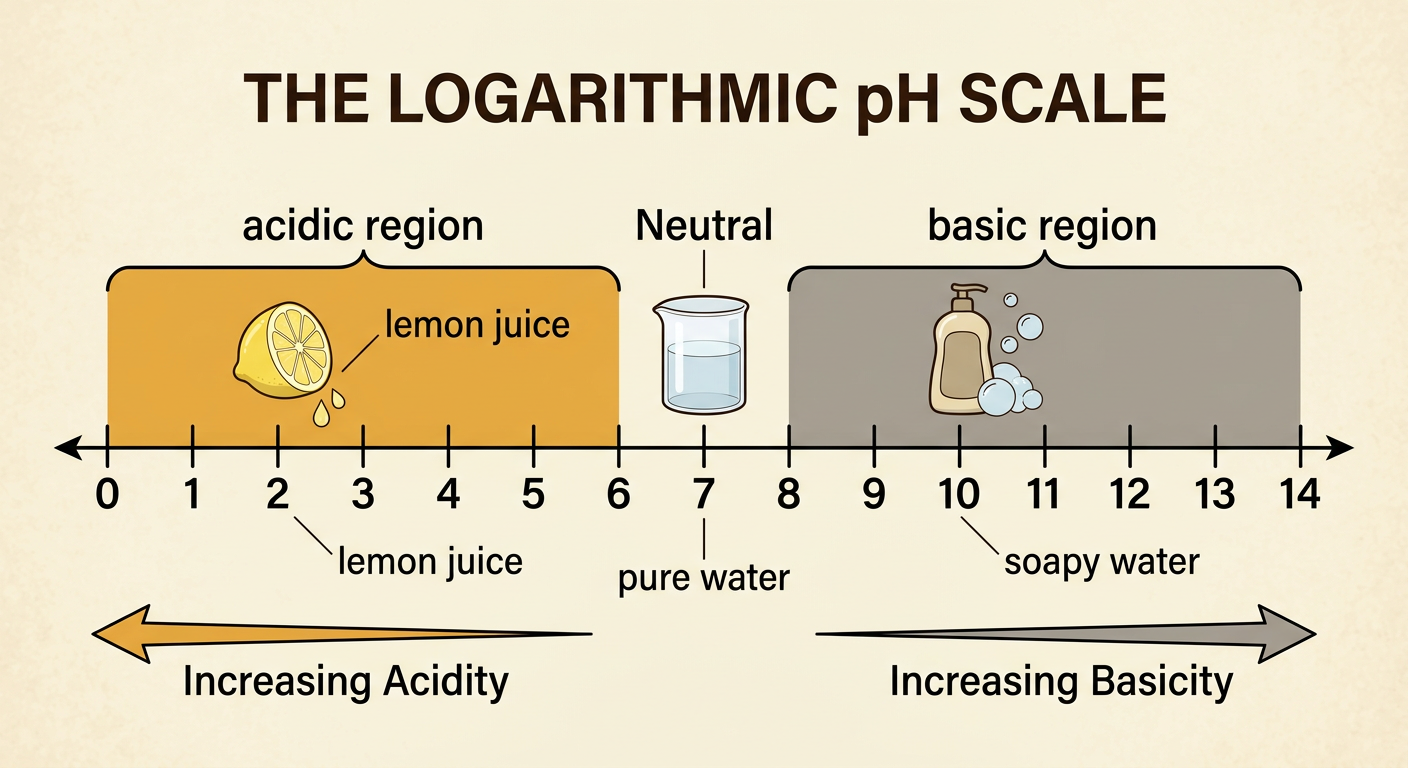 A color-coded pH scale places lemon juice near 2, pure water at 7, and soapy water near 10.