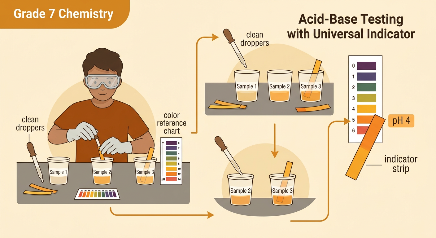 A labeled cup is tested with an orange indicator strip beside a pH reference chart and a clean dropper.