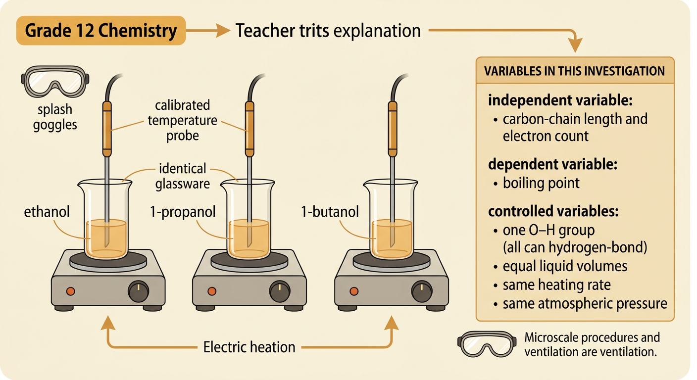 A controlled microscale setup compares three alcohols using equal volumes, identical glassware, and one calibrated probe.