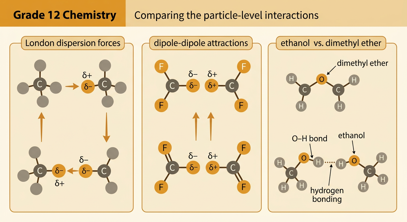 Ethanol molecules form hydrogen bonds through O–H groups, while dimethyl ether molecules show only dipole and dispersion attractions.