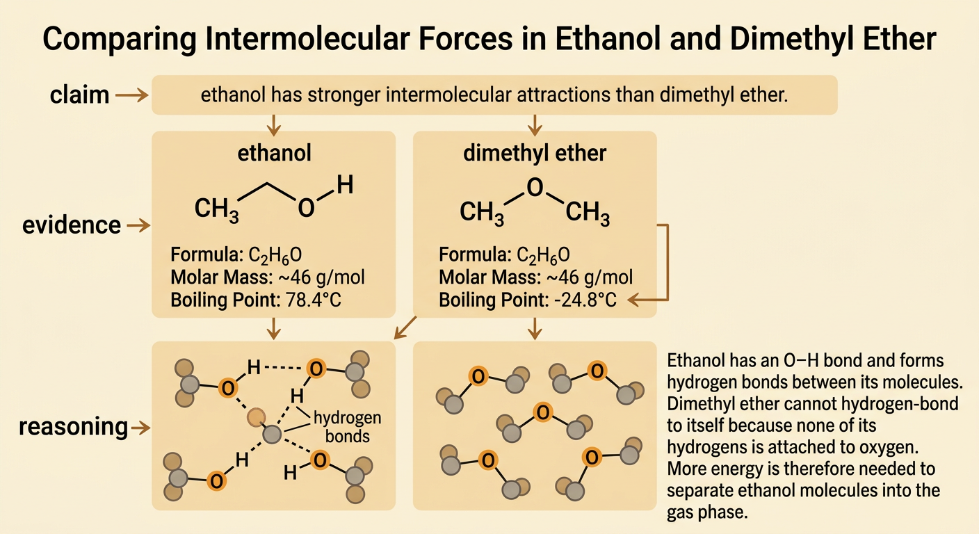 A claim-evidence-reasoning organizer connects molecular structures and boiling-point data for ethanol and dimethyl ether.