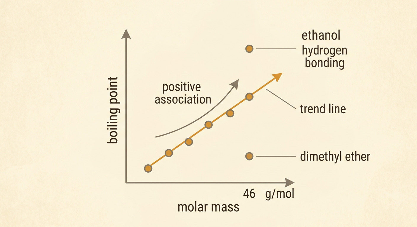 A scatter plot of molar mass and boiling point highlights a positive alkane trend and the large separation between ethanol and dimethyl ether.