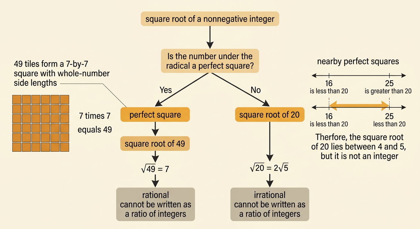 A tile model compares a 7-by-7 perfect square for 49 with 20 tiles placed between the nearby perfect squares 16 and 25.