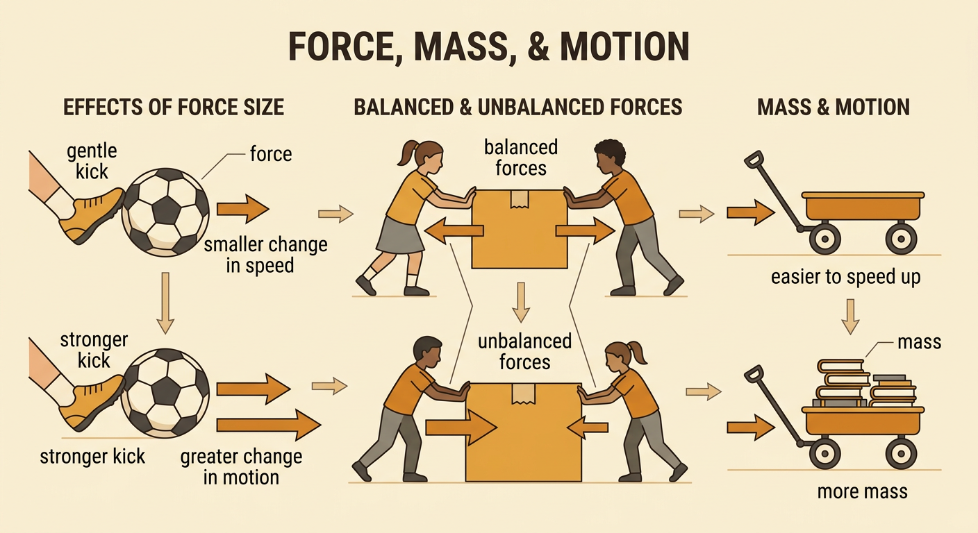 A three-panel diagram shows a kicked soccer ball, students pushing a box, and empty and loaded wagons.