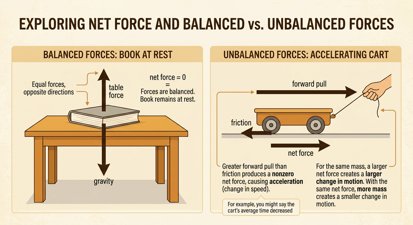 A force diagram shows balanced forces on a book and unbalanced forces acting on a moving cart.