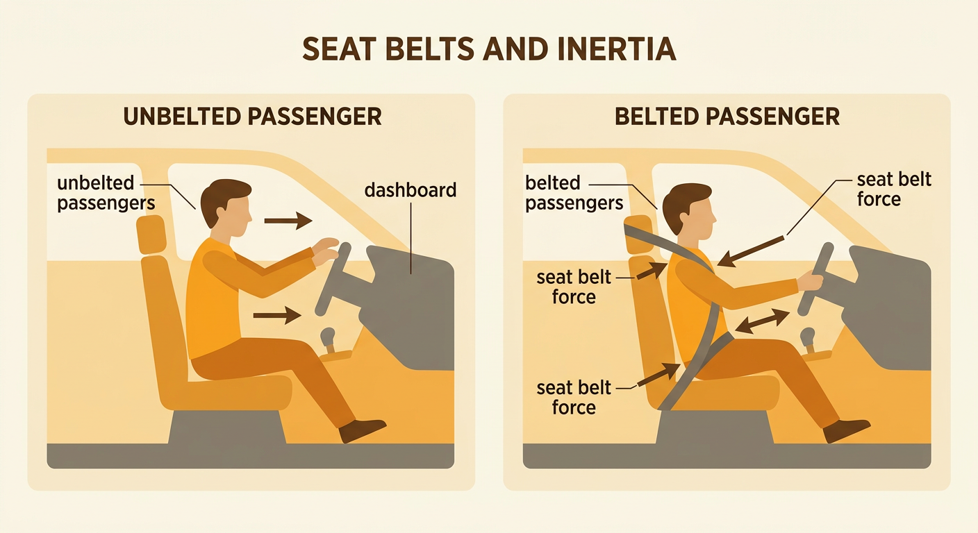 A crash-safety infographic shows a restrained passenger and compares injury data for belted and unbelted passengers.