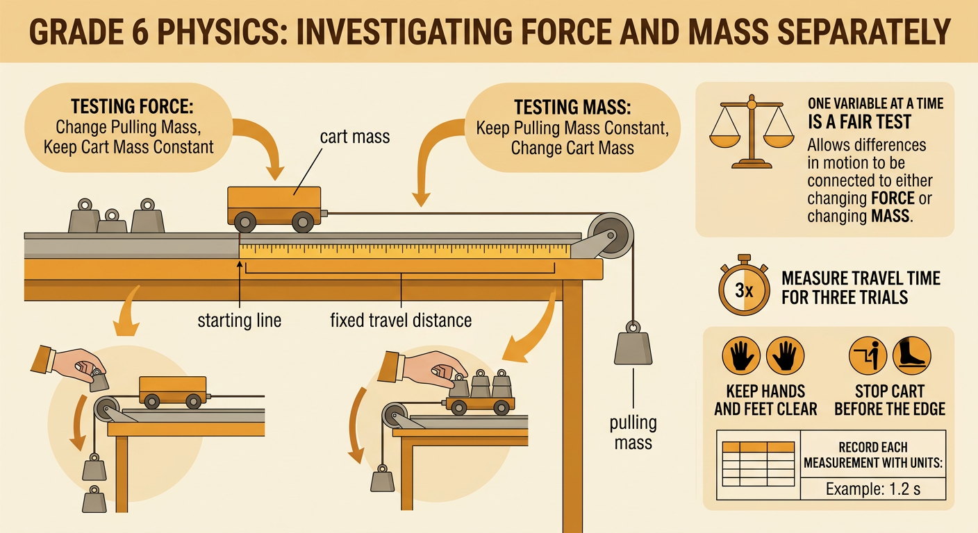A labeled investigation setup shows a cart traveling a measured distance while a hanging mass pulls it.