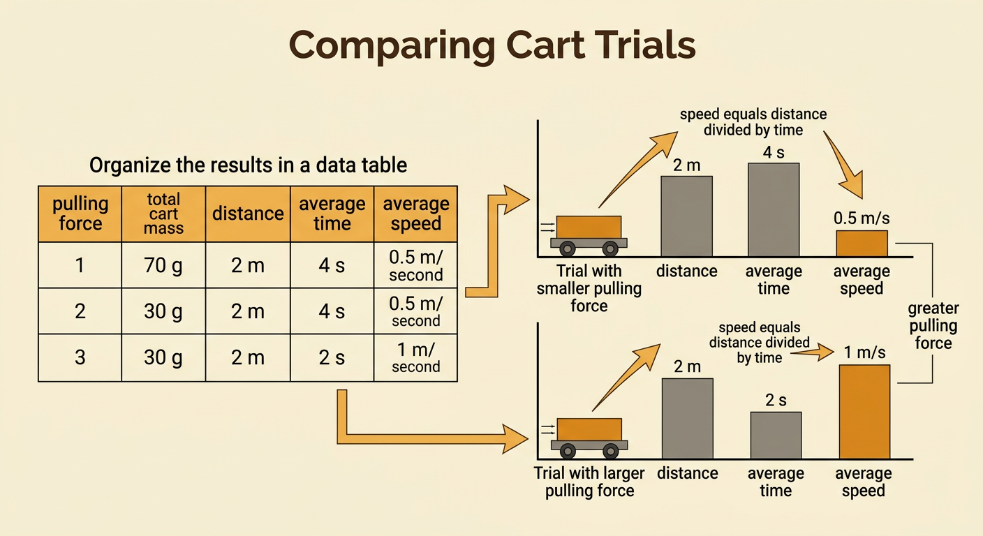 A data table and speed calculation compare two cart trials over the same two-meter distance.