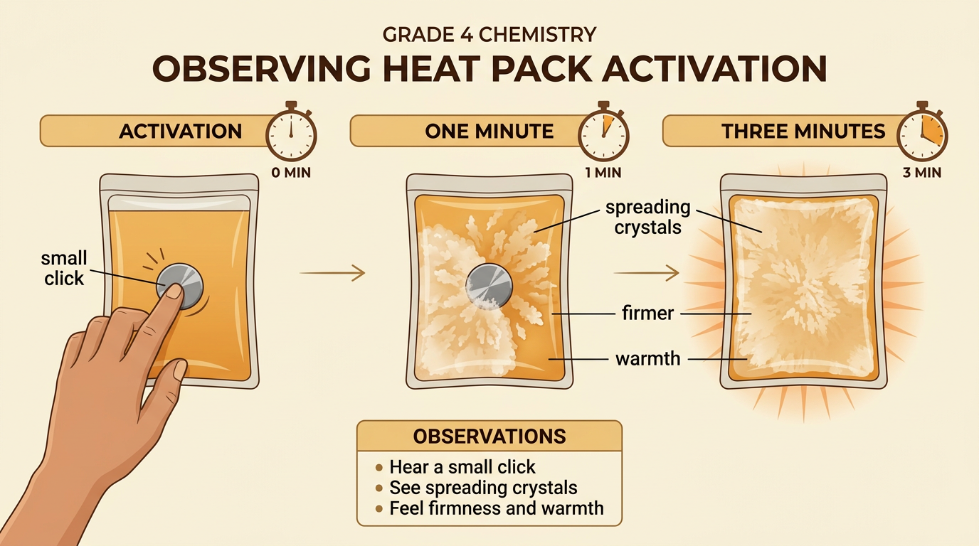 White crystals spread from the clicked disk through a sealed warm pack as timed observations are recorded.