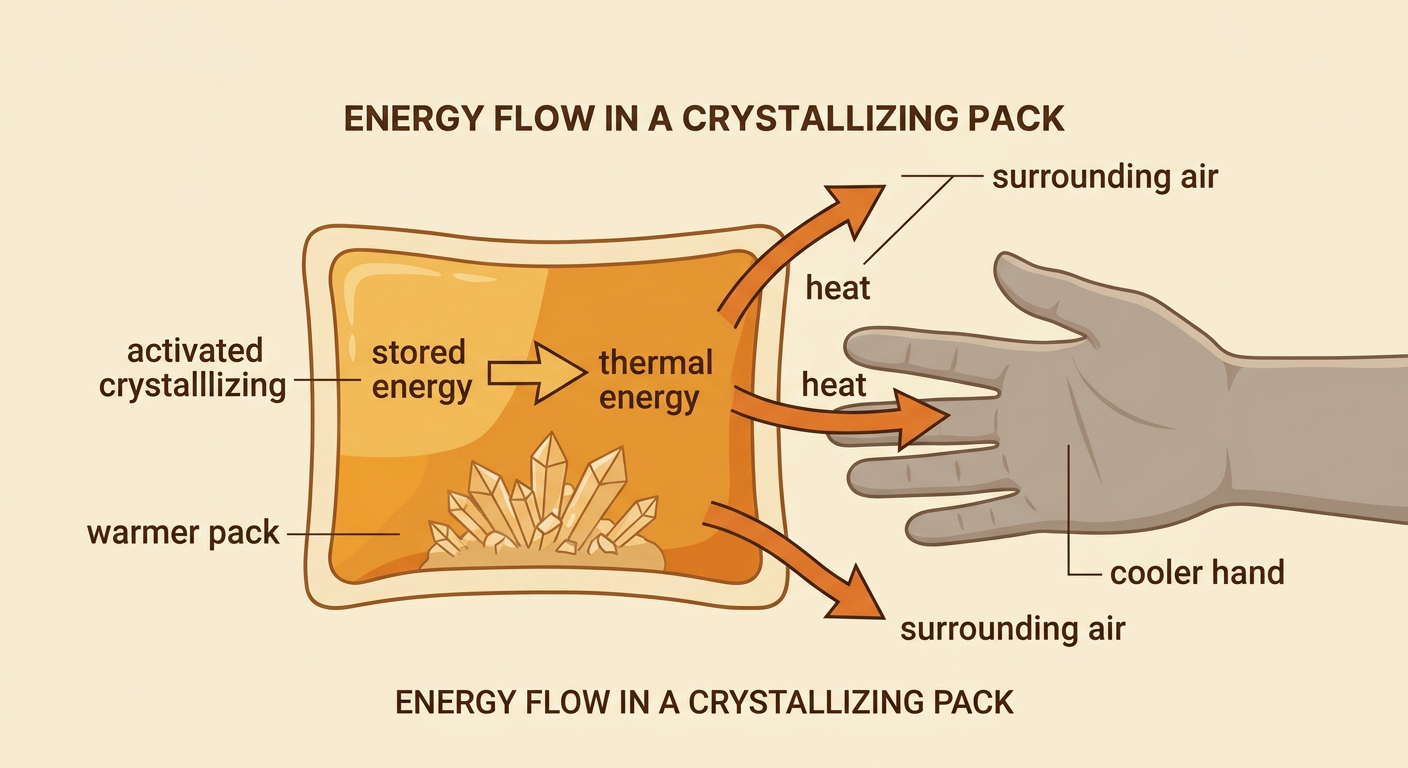 Arrows show heat moving from a crystallized warm pack into a cooler hand and the surrounding air.