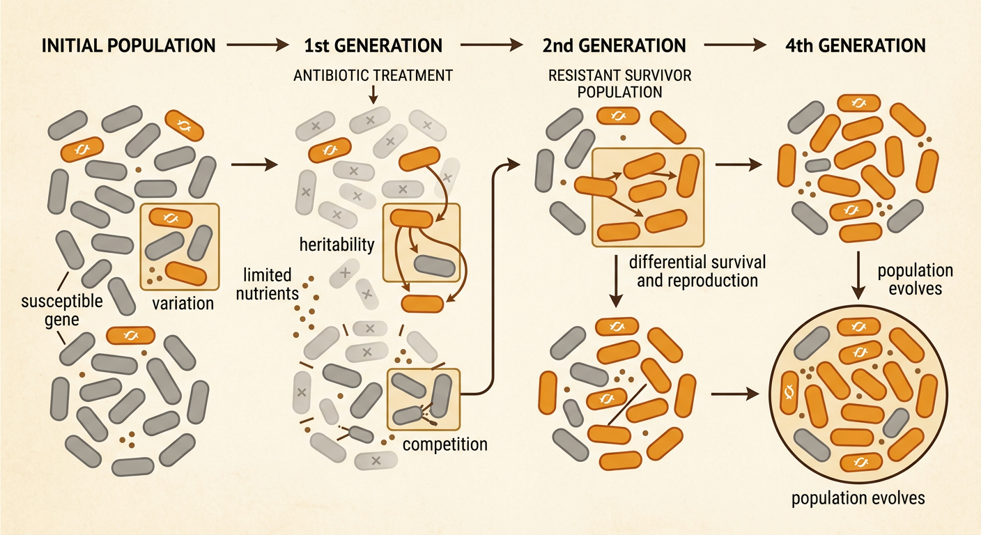 A generation sequence shows resistant bacteria surviving treatment, competing for resources, and producing a mostly resistant population.
