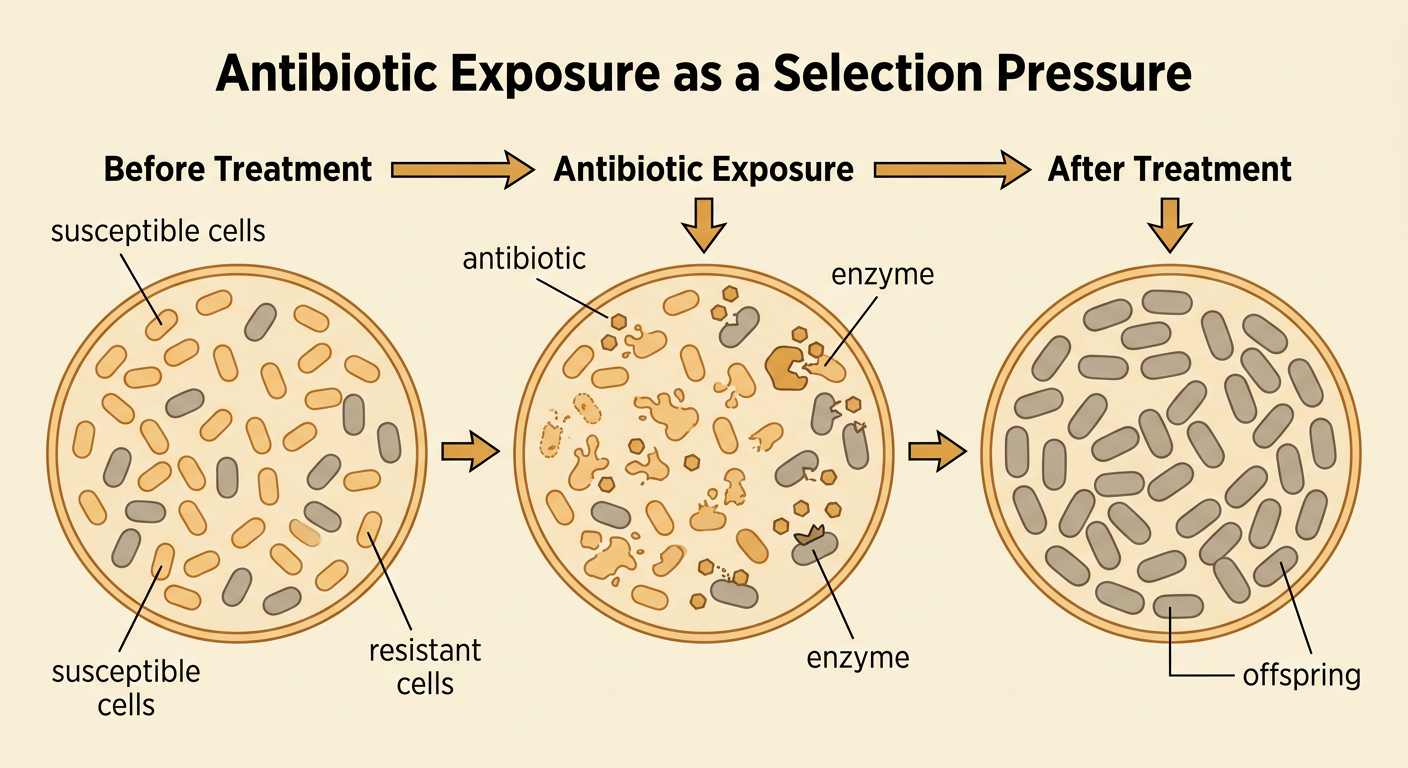 A before-and-after culture diagram shows an antibiotic removing many susceptible cells while resistant cells survive and produce offspring.