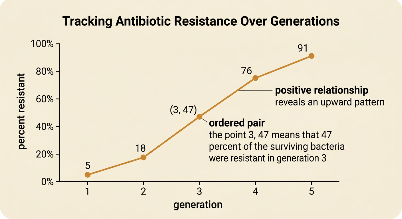 A line graph plots five generations against resistant percentages of 5, 18, 47, 76, and 91.