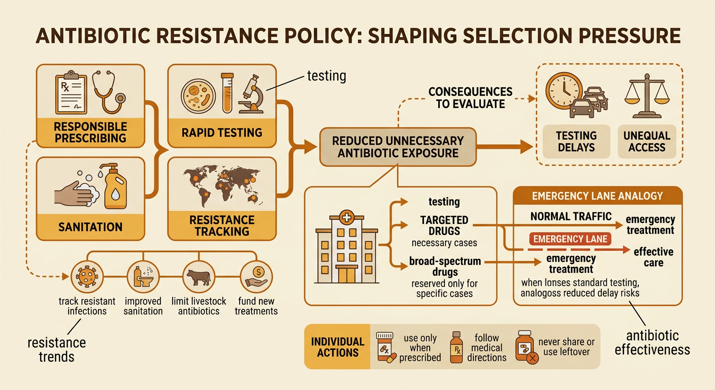 A hospital policy diagram balances testing and careful drug use with a fast pathway for emergency treatment.
