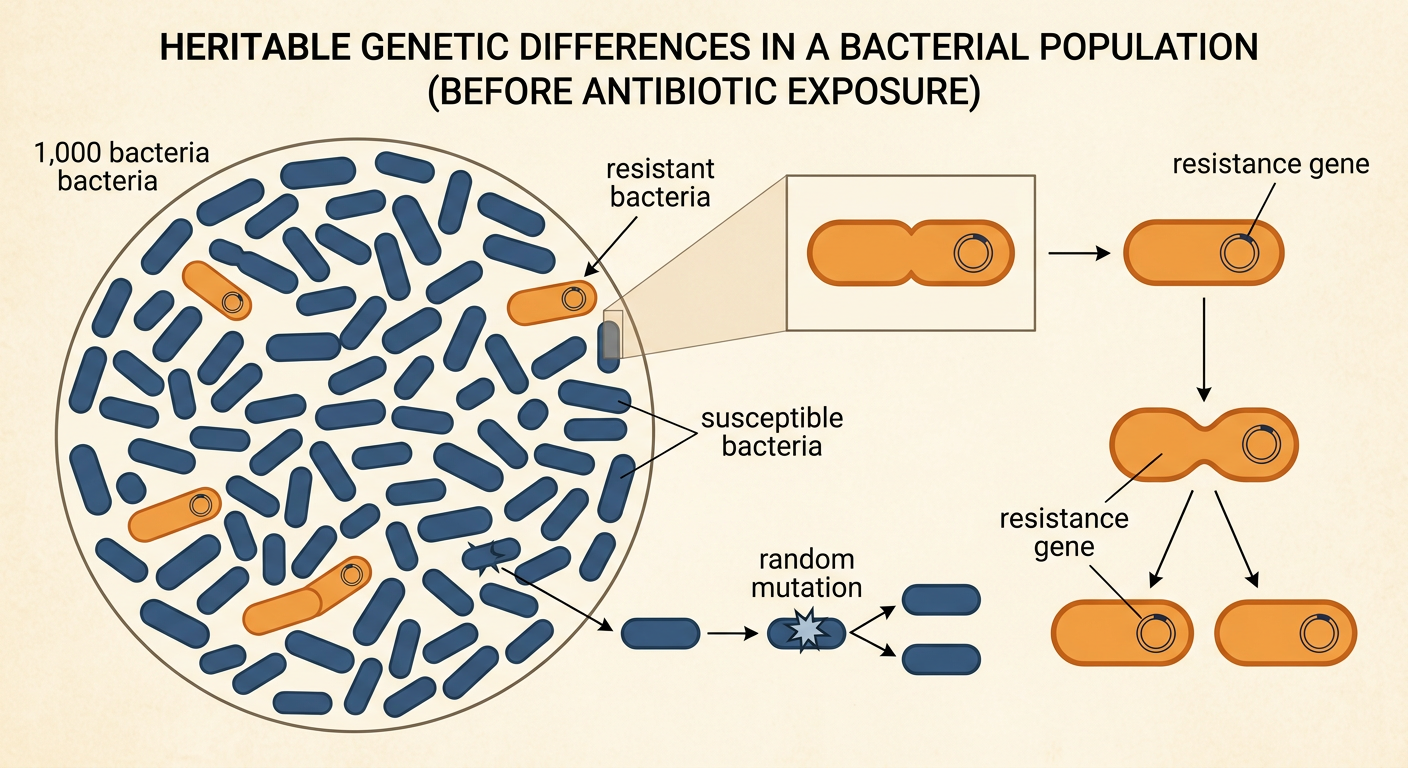 A bacterial population contains many susceptible cells and a few resistant cells with inherited genetic differences.