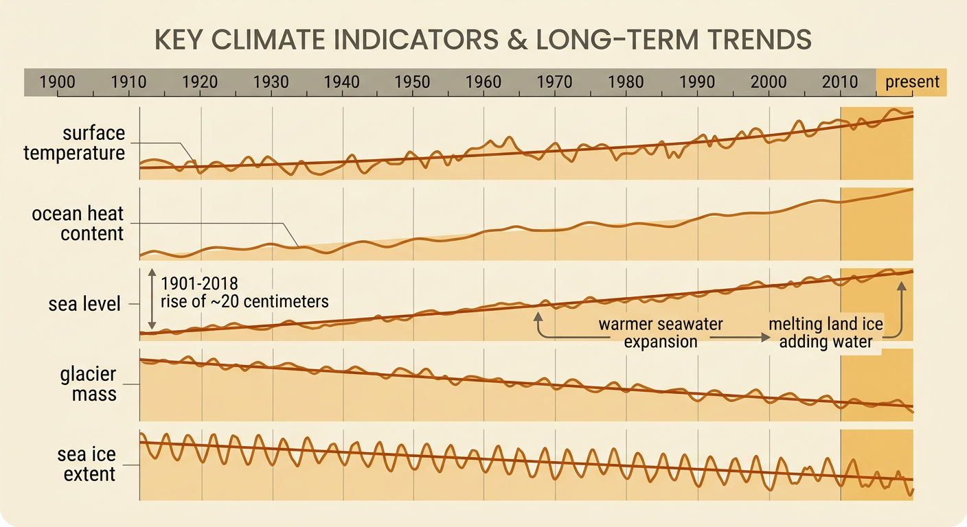 A climate evidence diagram shows warming air and ocean, melting land ice, shrinking sea ice, and rising global sea level over time.
