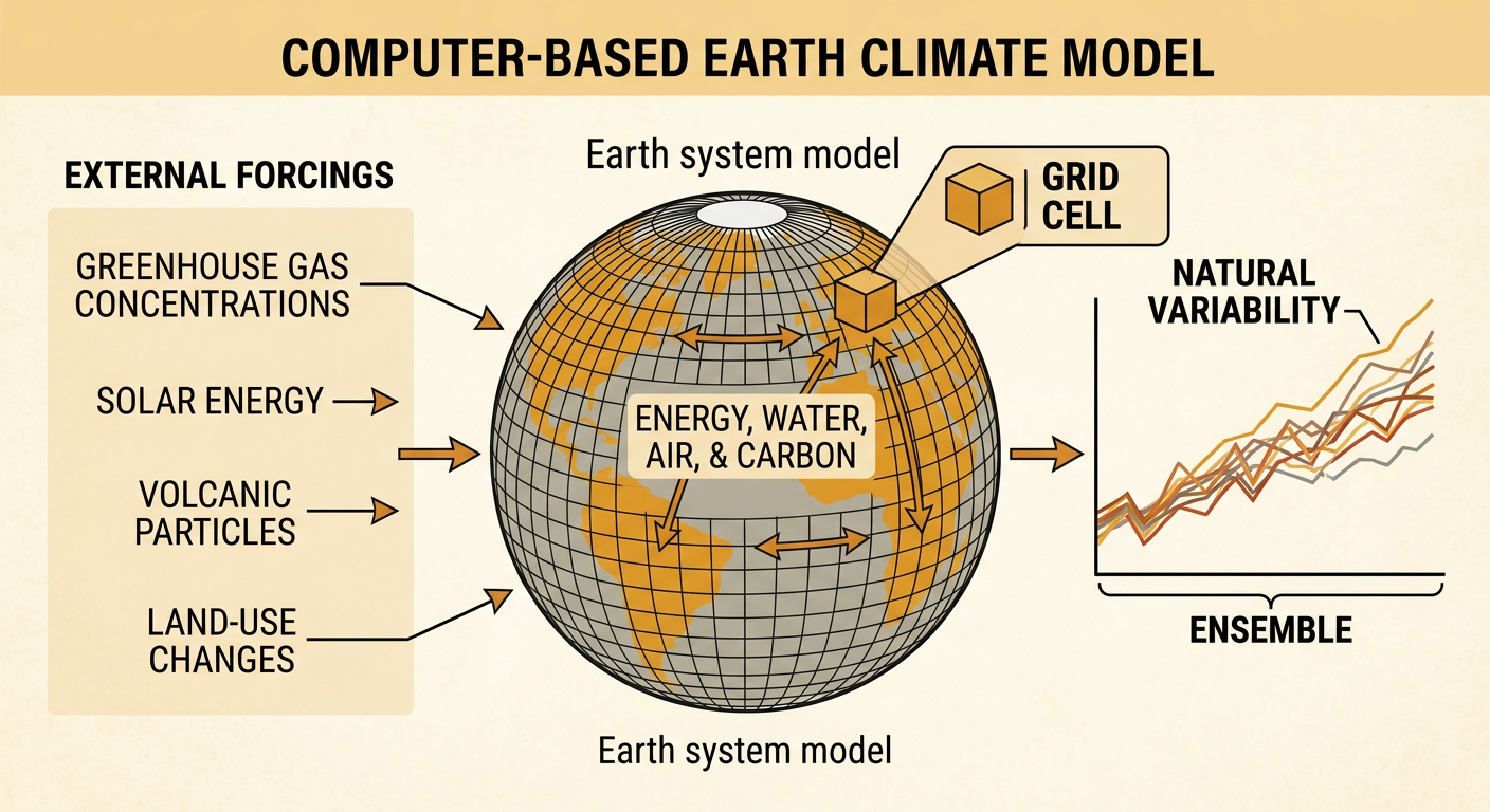 A gridded Earth model receives natural and human forcings and produces an ensemble of temperature projection lines.
