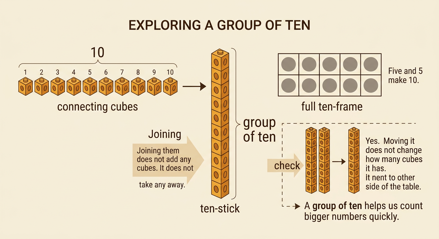 A ten-stick made from 10 cubes sits beside a full ten-frame with two rows of 5 dots.