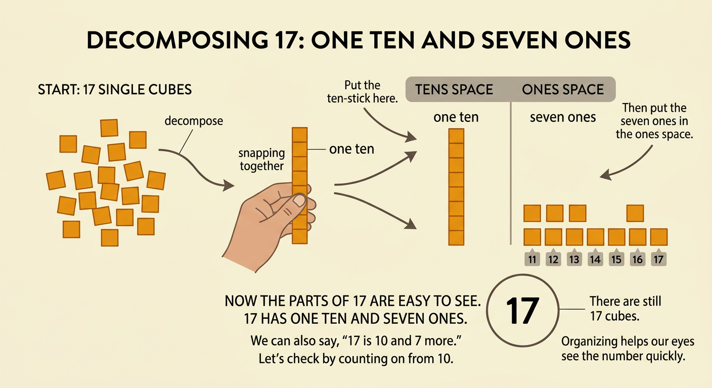 A place-value mat shows one ten-stick in the tens space and seven single cubes in the ones space.