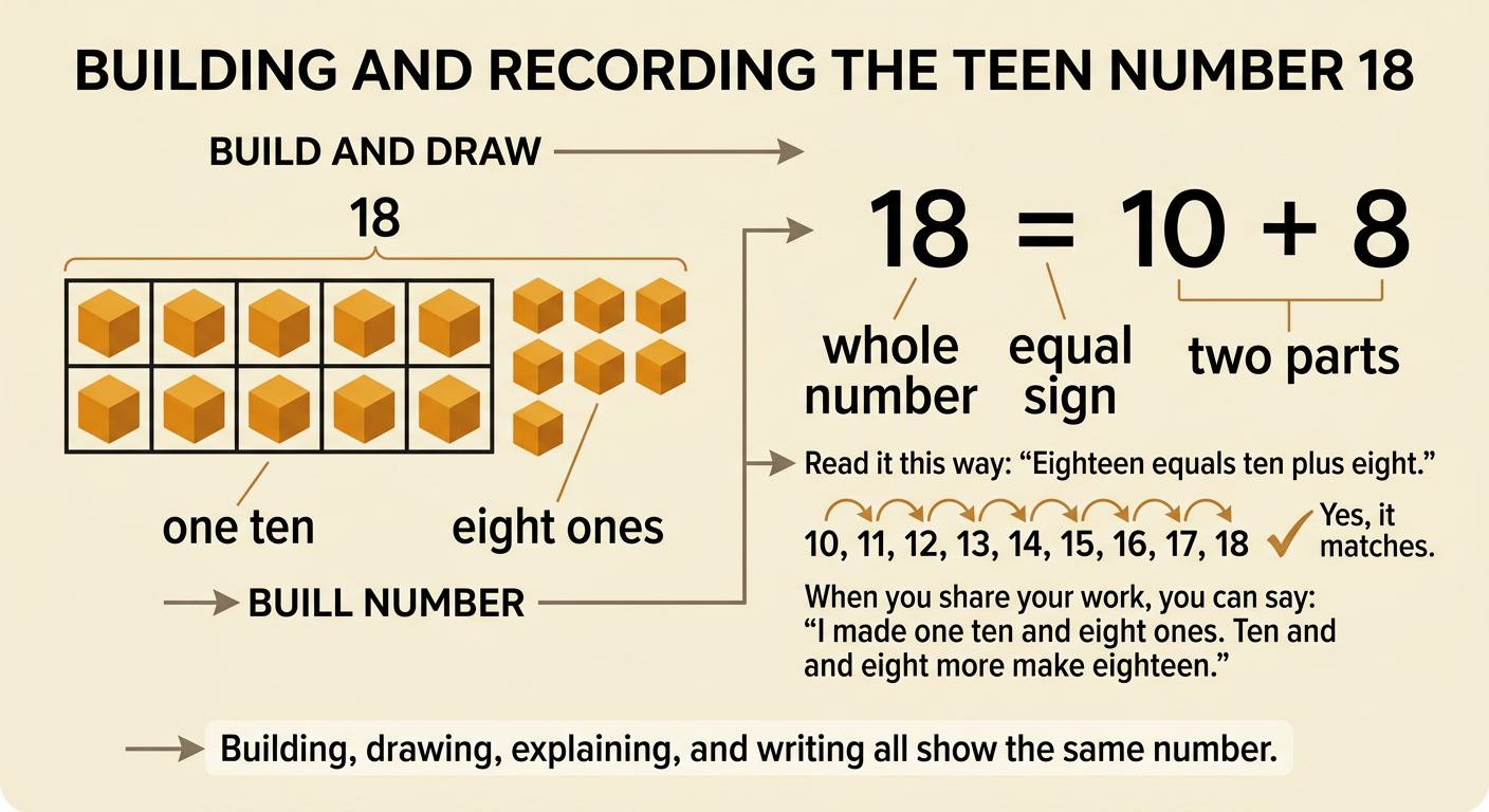 A model of one ten and eight single cubes appears beside the equation 18 = 10 + 8.