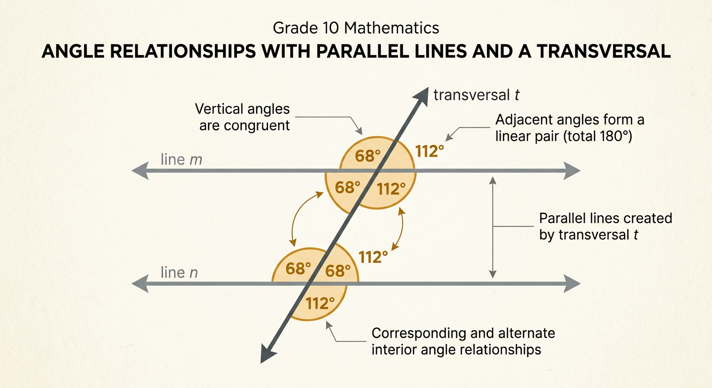 Two parallel lines are crossed by a transversal, with alternate and supplementary interior angles marked.