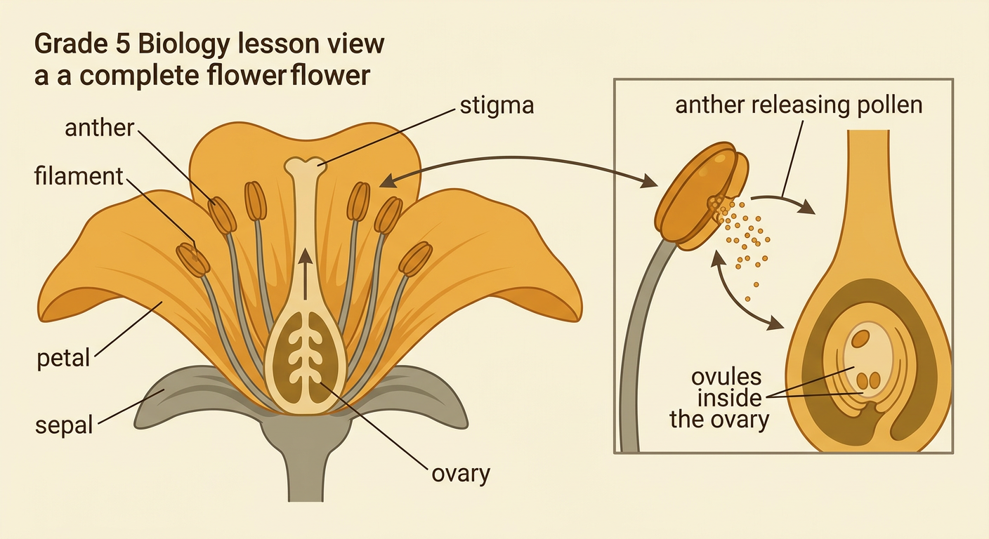 A cutaway apple blossom shows a bee brushing the flower’s labeled reproductive structures.