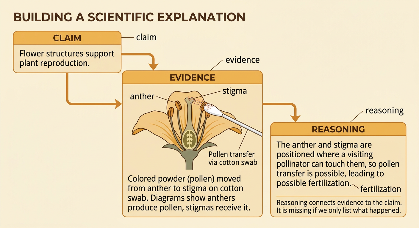 A cotton swab transfers colored powder between a model anther and stigma beside a claim-evidence-reasoning chain.