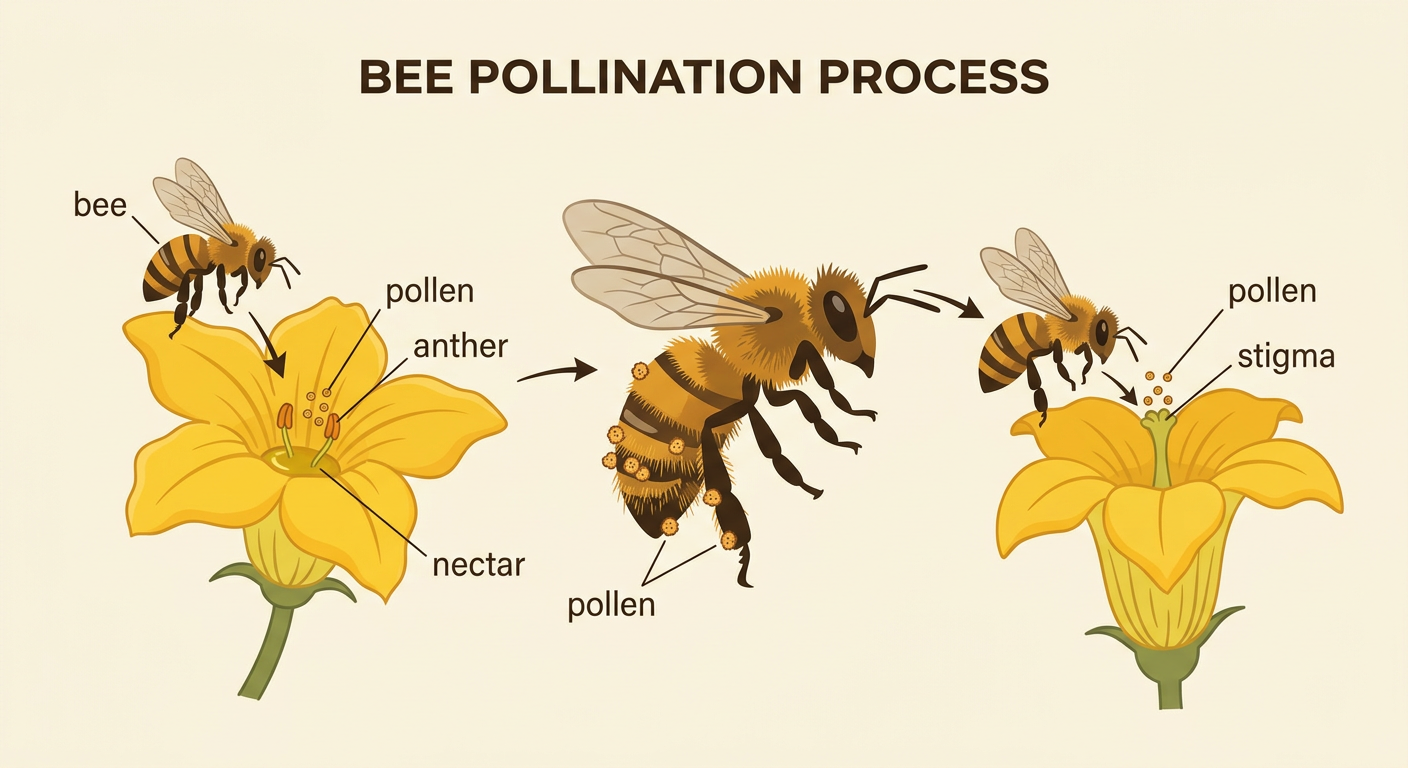 A bee carries pollen from one squash flower’s anther to another squash flower’s stigma.