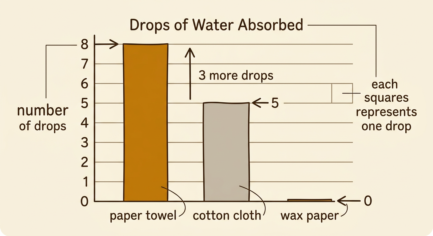 A labeled bar graph shows paper towel at 8 drops, cotton cloth at 5 drops, and wax paper at 0 drops.