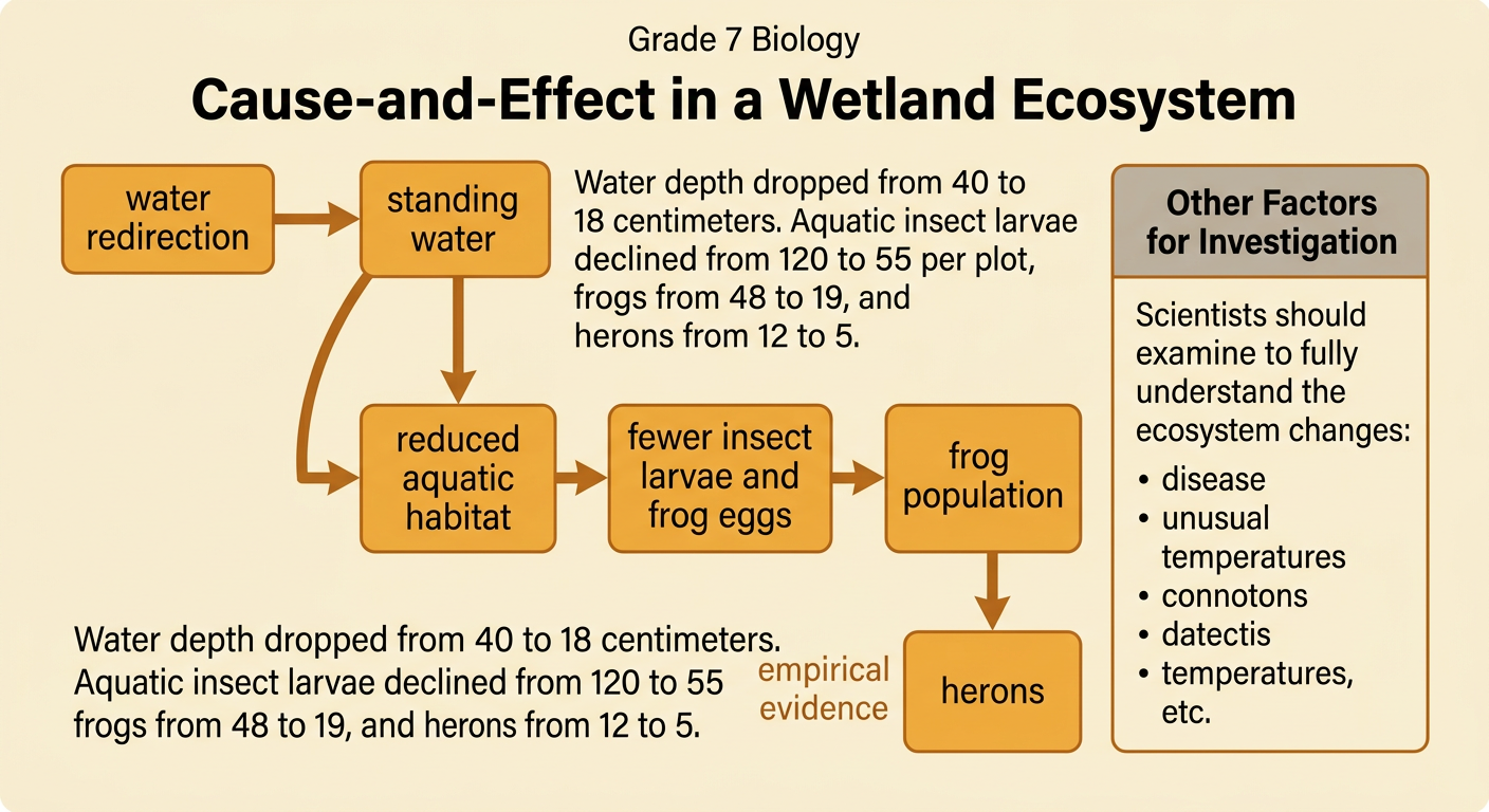 A causal chain connects water redirection to less standing water, fewer frogs, and fewer visiting herons.