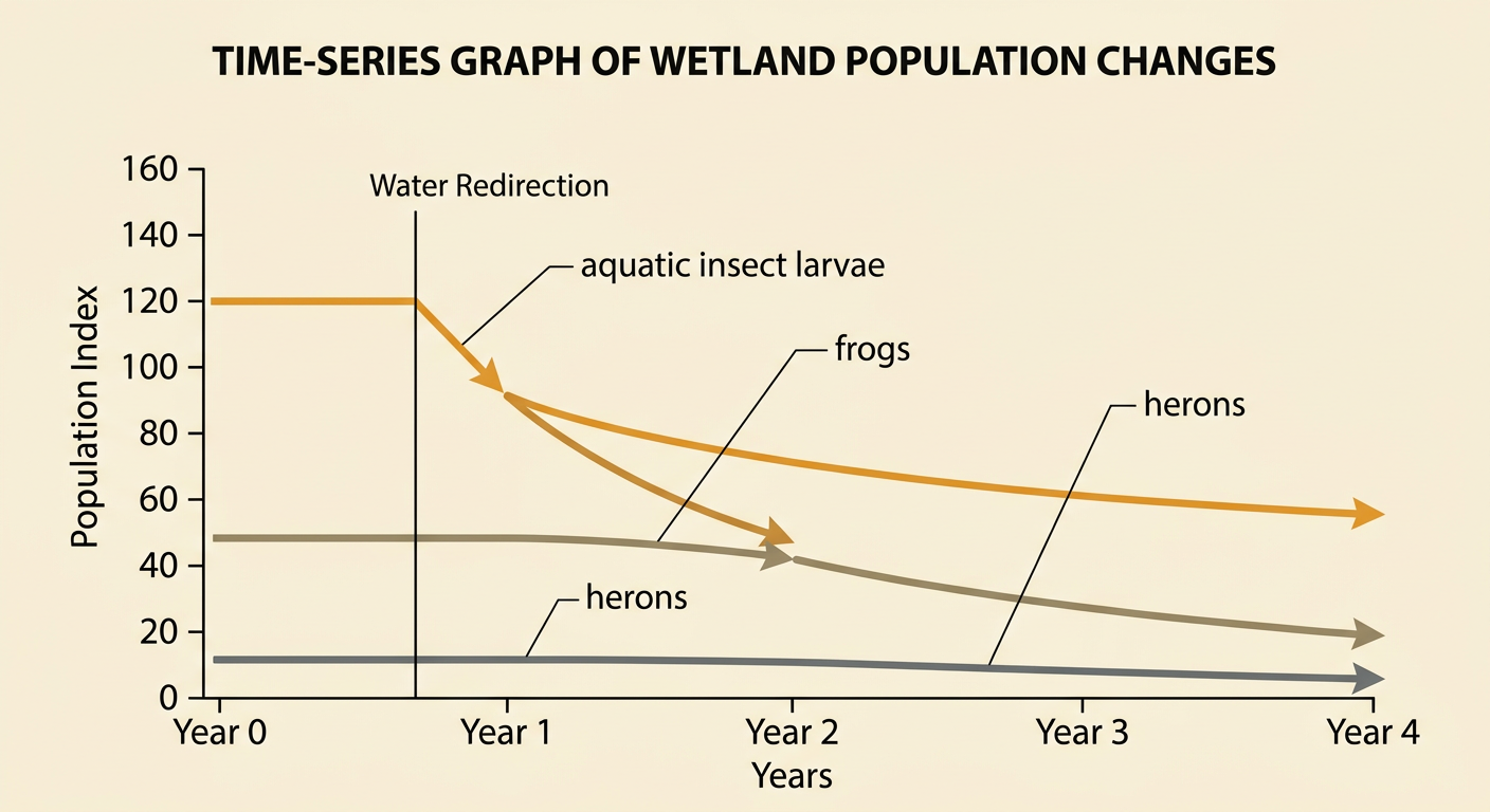 A time-series graph shows aquatic insect larvae, frogs, and herons declining during four years of lower wetland water.