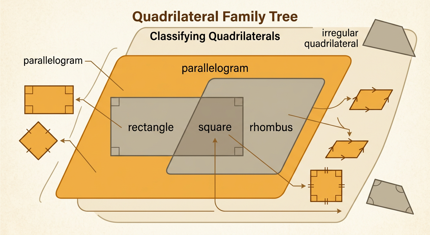 An overlapping quadrilateral family diagram contains a parallelogram, rectangle, rhombus, square, and an irregular quadrilateral.