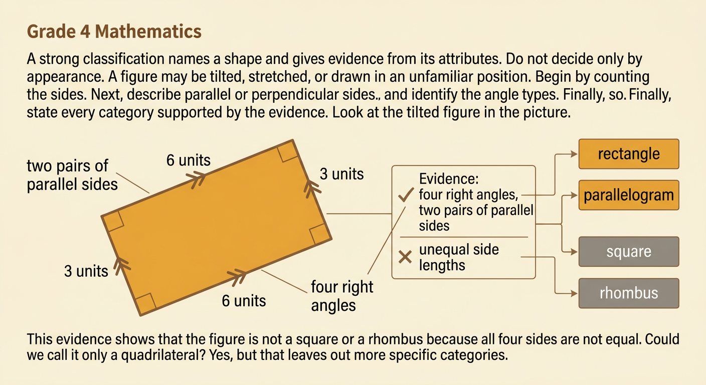 A tilted 6-by-3 rectangle shows parallel-side arrows, four right-angle squares, and unequal adjacent side lengths.