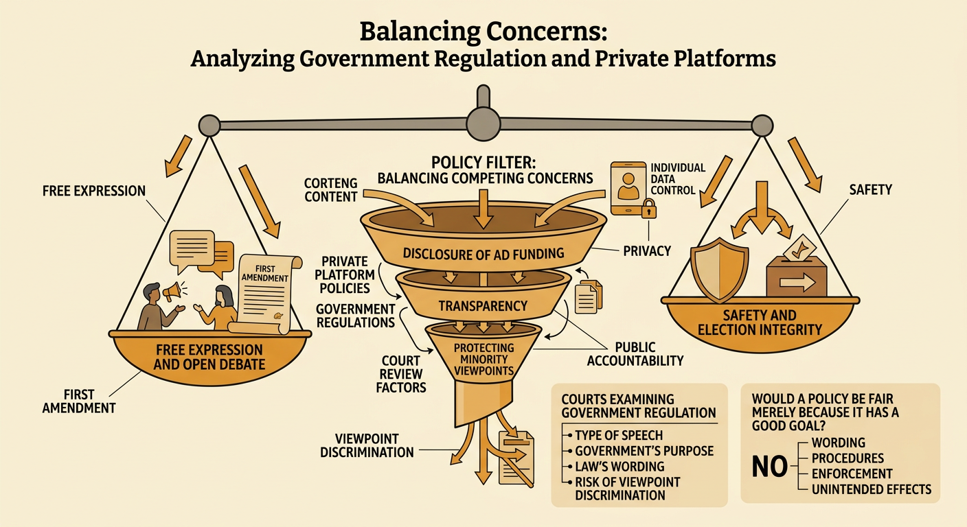 A balance scale shows democratic values beside examples of a disclosure rule and a vague removal rule.