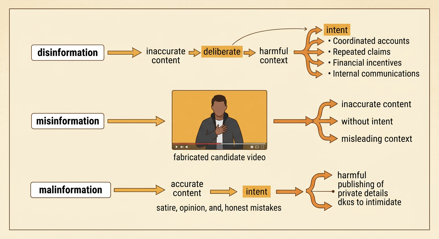 A flow diagram classifies a fabricated candidate video and its reposts by intent and context.