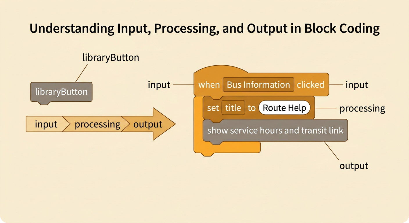 A flow diagram shows libraryButton moving from a click through an event handler to the correct library screen.