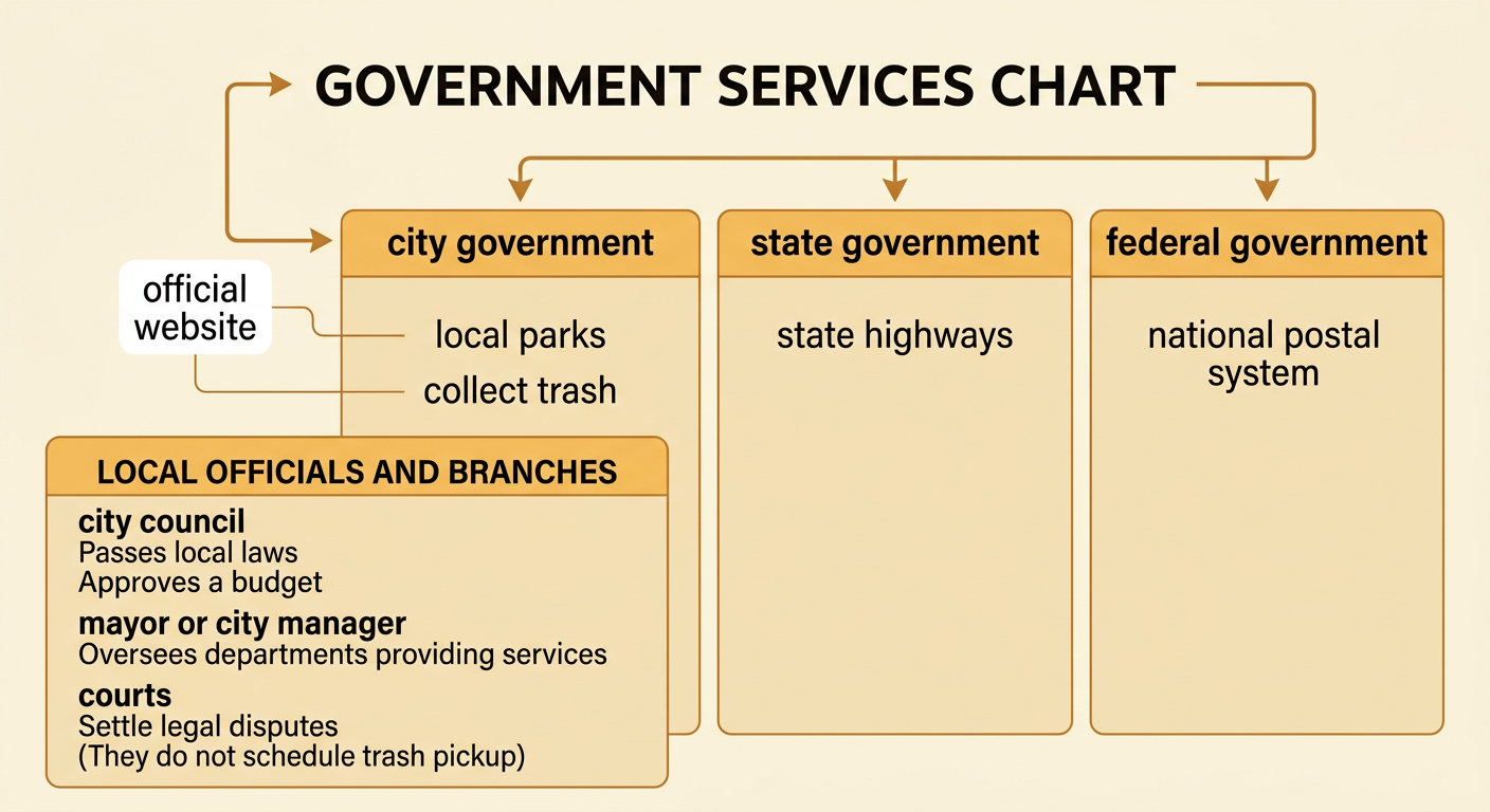 A responsibility chart connects common services to city, state, and federal levels of government and an official source for verification.